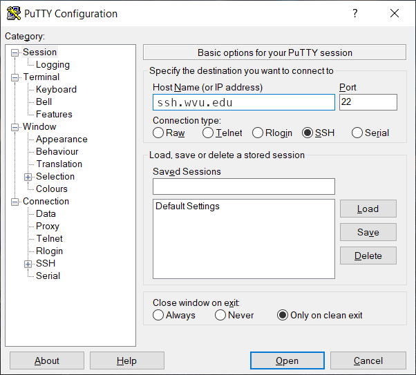 Window showing PuTTY