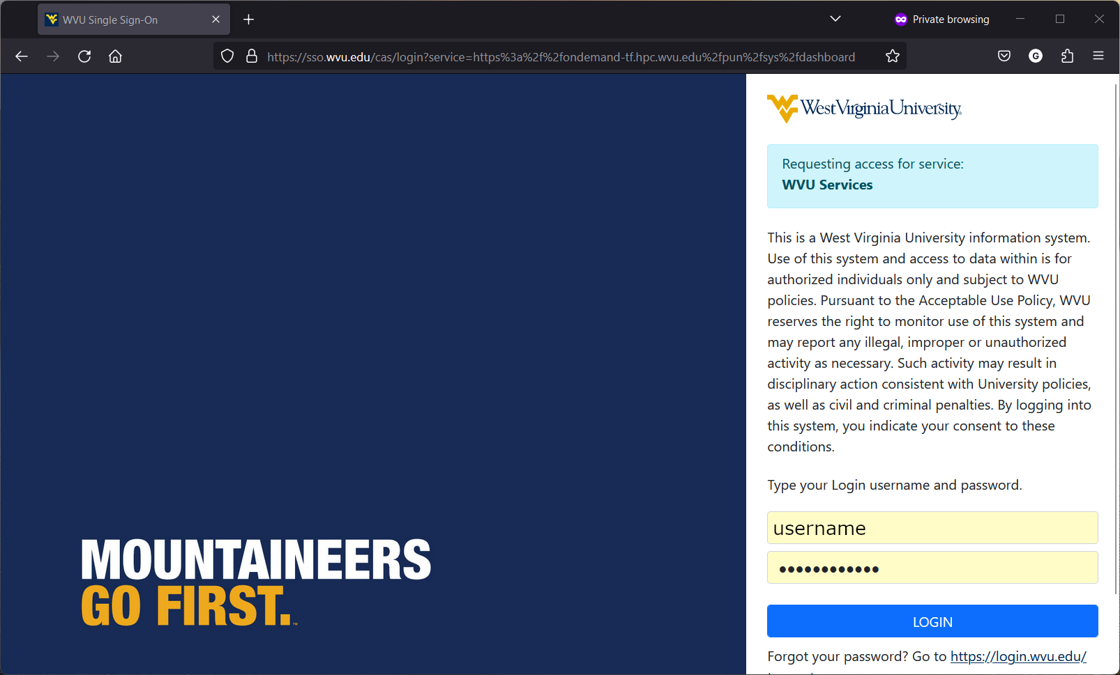 SSO page to access Open On Demand for Thorny Flat